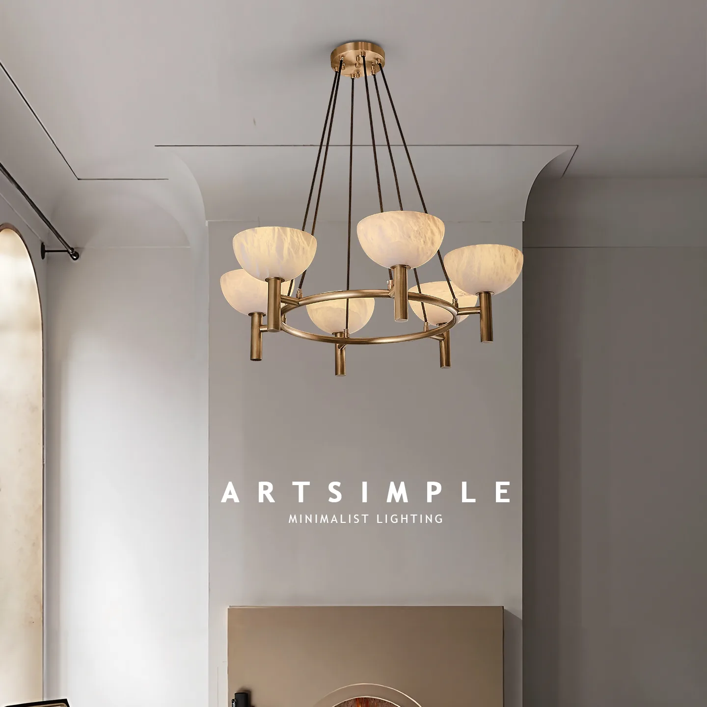 Gilded Marble Bowl Chandelier image 2