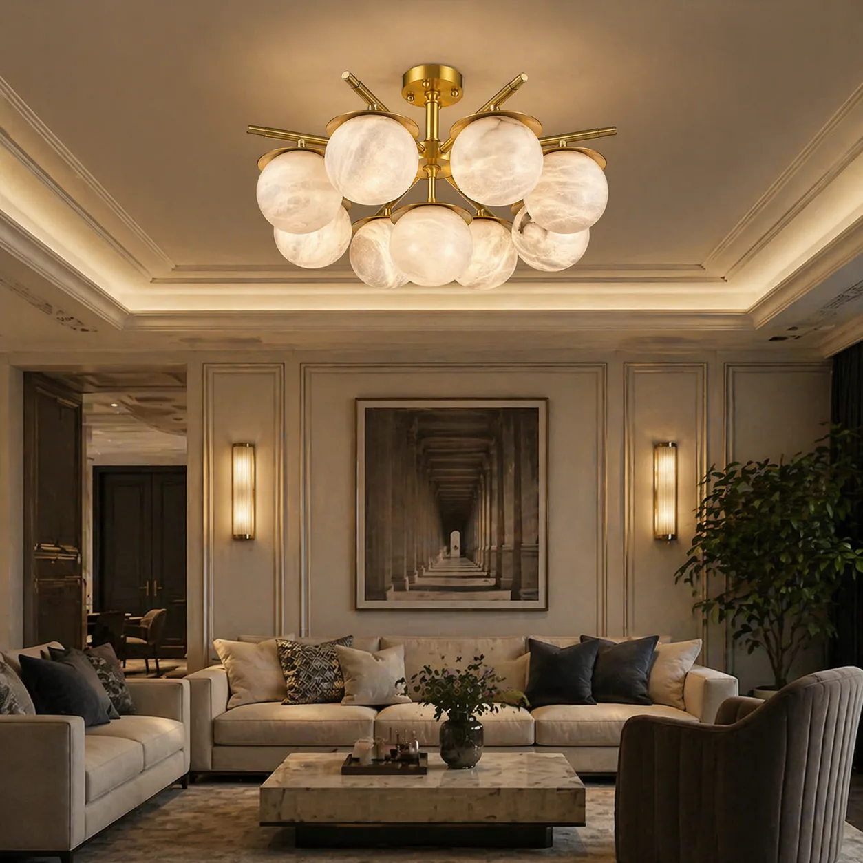 Gilded Alabaster Globe Chandelier image 3