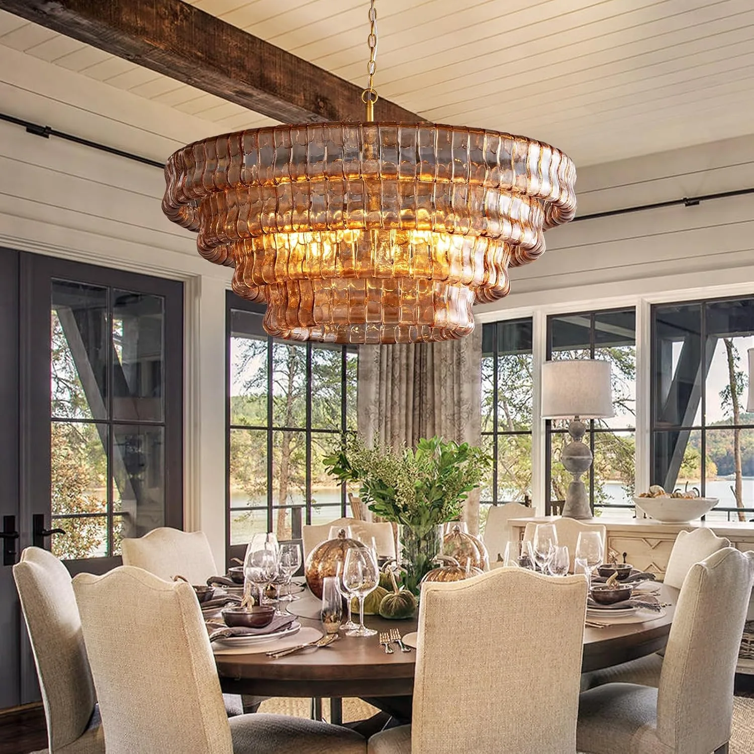 Amber Ribbed Glass Chandelier image 2