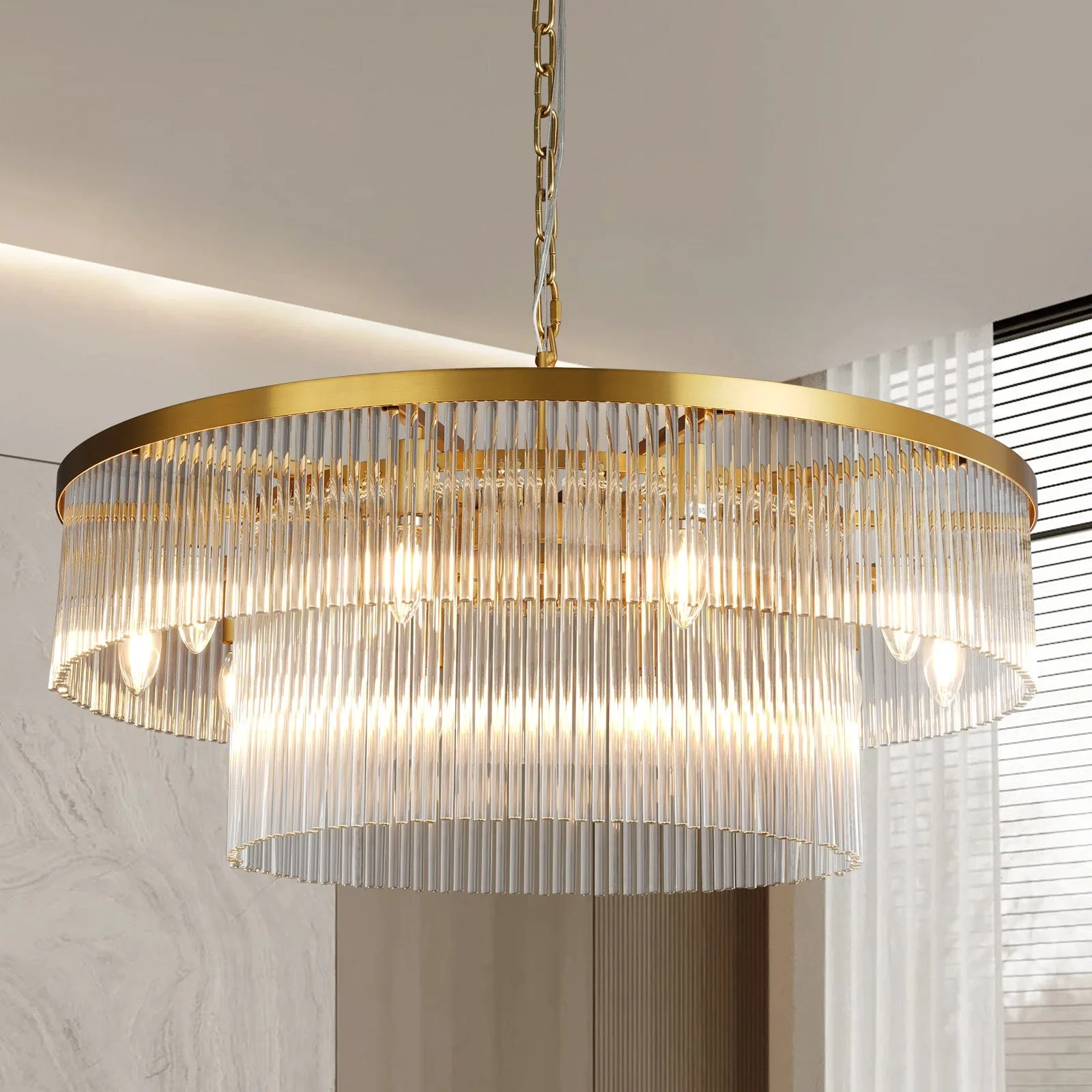 Gilded Ribbed Glass Chandelier image 3