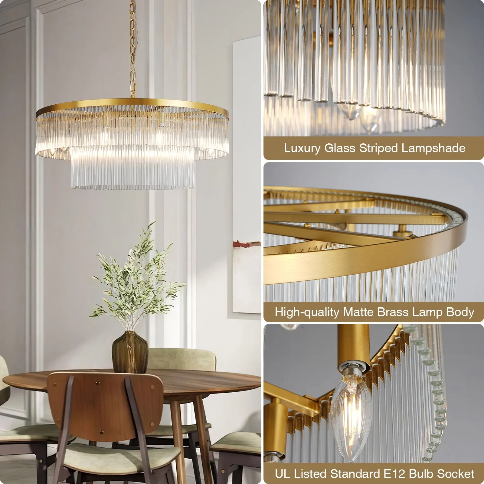 Gilded Ribbed Glass Chandelier image 6