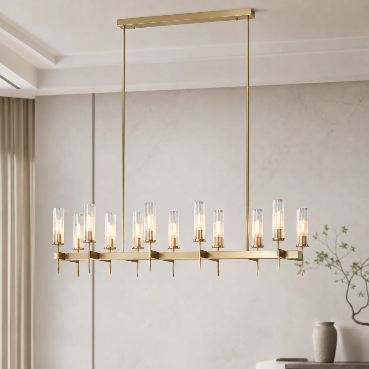 Luminous Brass Glass Linear Chandelier image 4